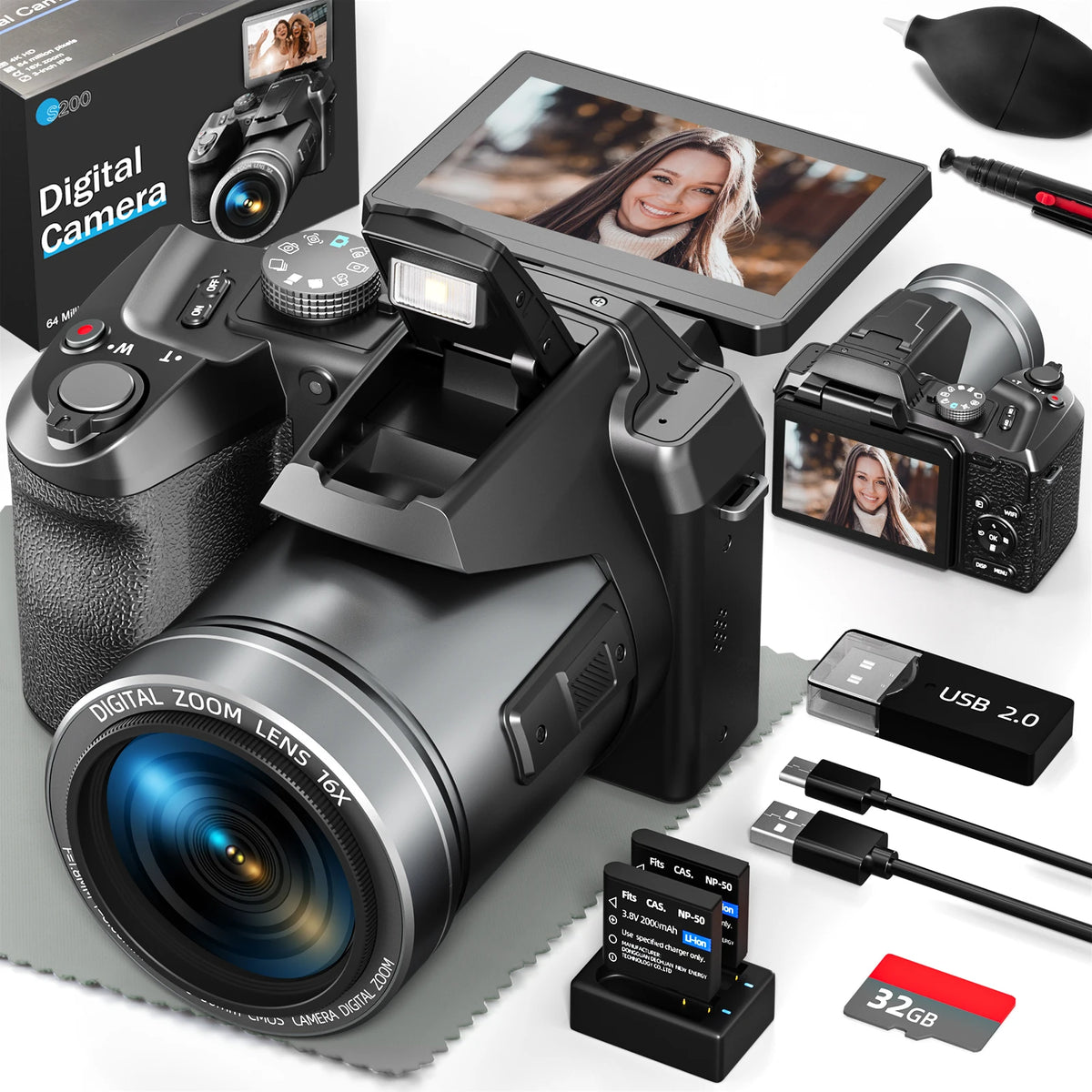 NBD S205E 64MP Professional Digital Camera for Photography 5K Vlogging Camera with 3’’ Flip Screen 16X Digital Zoom 32GB TF Card