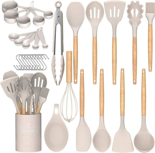 33 Pcs Non-Stick Silicone Kitchen Utensils Set With Wooden Handle