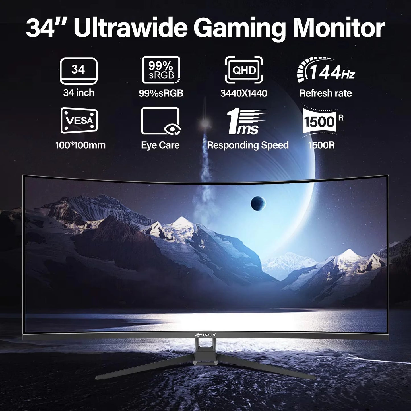 CRUA Ultrawide Gaming Monitor 3440x1440 144Hz VA Panel