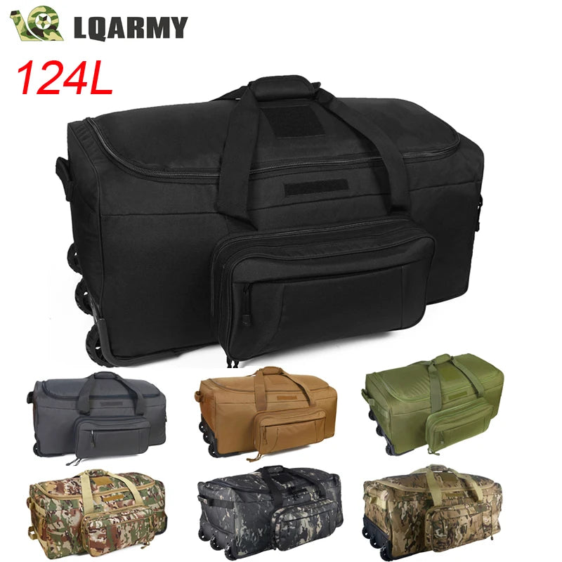 LQARMY 124L Large Capacity Outdoor Travel Bag Waterproof Trolley Case
