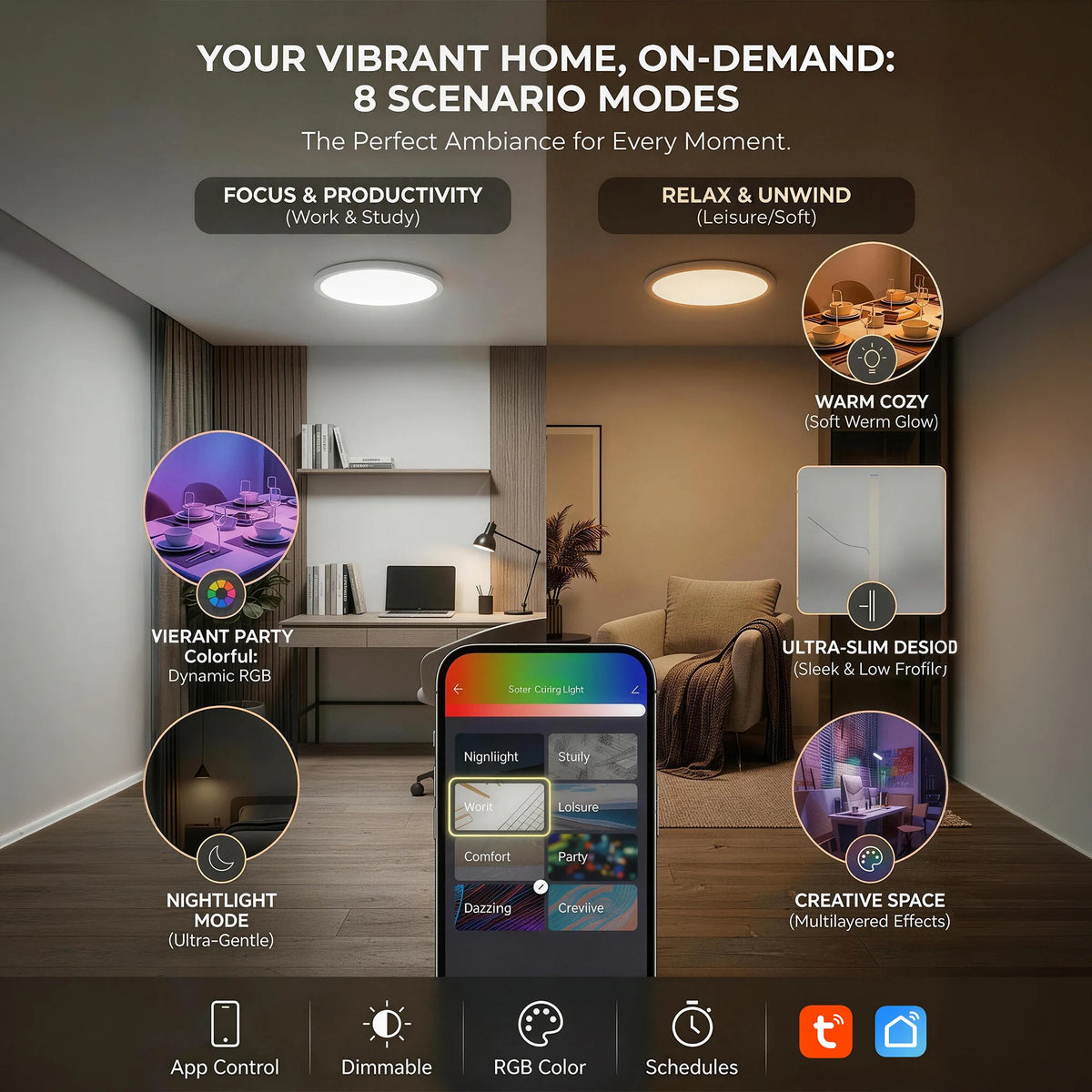 Smart RGB Ceiling Light, 11.8 Inches Ultra-Thin Design, Supports Music Sync, DIY Color Scenes and AI Lighting Modes, 3000K-6500K Dimmable White Light, APP Remote Control & Voice Control, Dimmable LED Flush Mount Ceiling Lamp