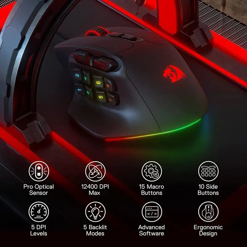 Redragon M811 Aatrox MMO Gaming Mouse With 15 Programmable Buttons