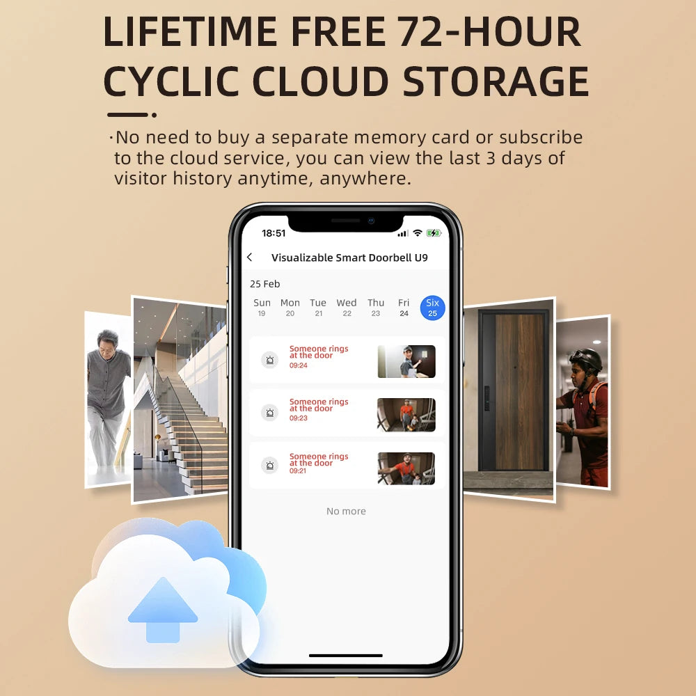 Wireless Smart Video Doorbell Camera 1000P 90° Wide Angle PIR Motion Detection Two Way Audio IR Night Vision Free 72H Cloud Storage Voice Change Home Security Doorbell with Indoor Chime