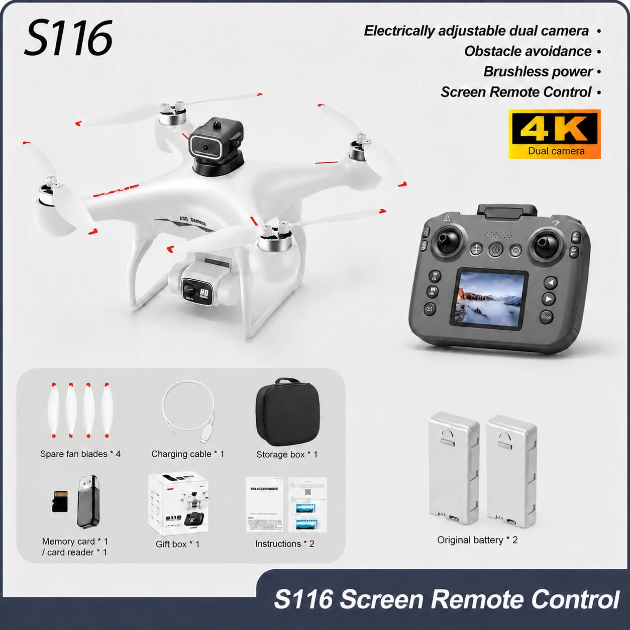 Drone Brushless Motor 2.4 Inch Screen Remote 360° Obstacle Avoidance 4K Electric Dual Camera Optical Flow Hover Real Time Transmission RC Drone