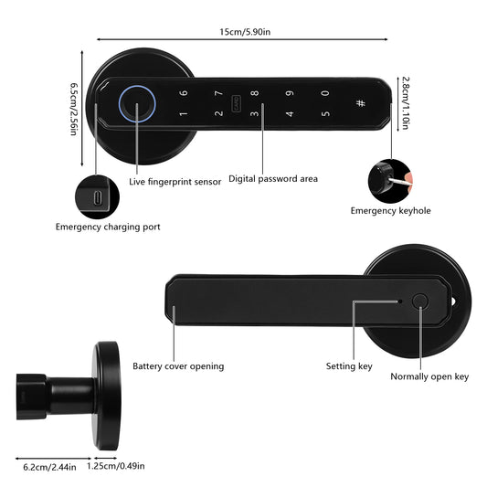 Smart Door Lock With Fingerprint Password IC Card TypeC Power