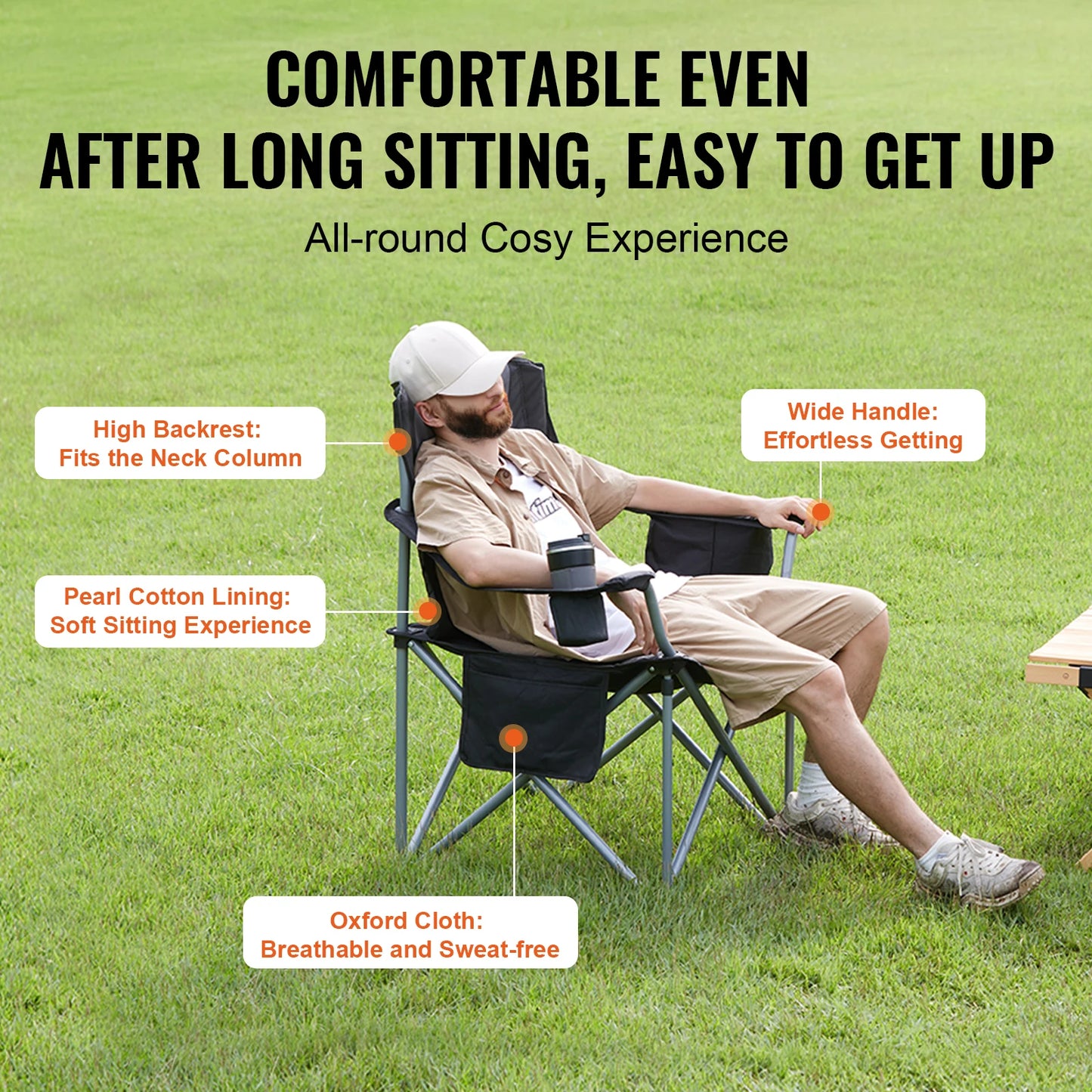VEVOR Camping Folding Chair With Lumbar Support And Side Pockets